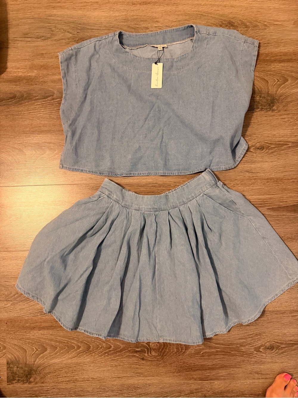 Light Blue Denim Pleated Mini Skirt - Top Women